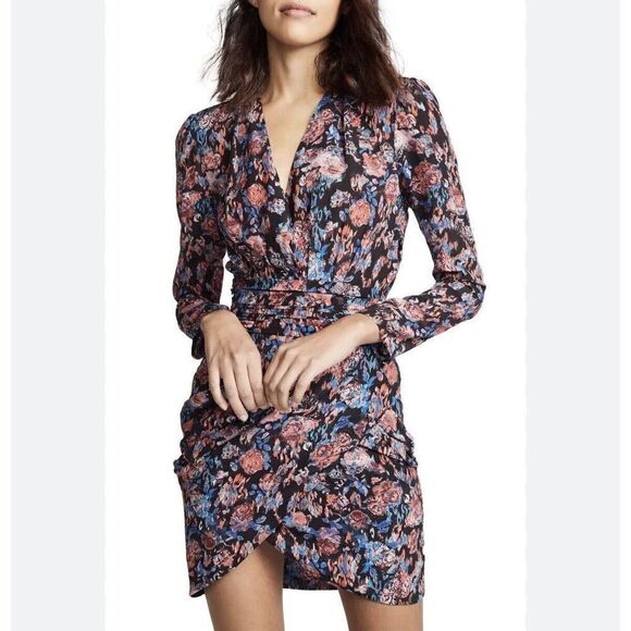 IRO Womens Silk Faux Wrap Mini Dress Sz 32 (US 0) Black-Red Floral